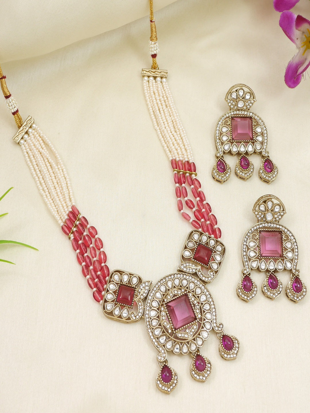 Traditional Kundan Necklace Set with Pearl & Bead Detailing