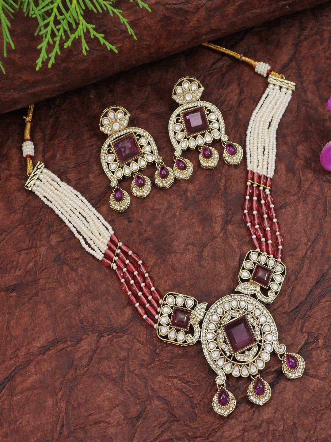 Traditional Kundan Necklace Set with Pearl & Bead Detailing