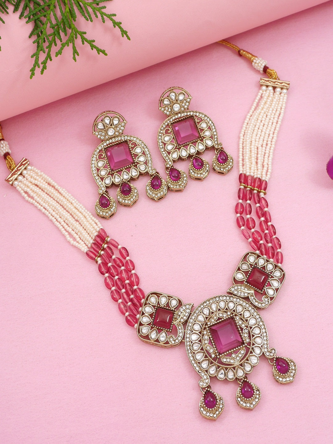 Traditional Kundan Necklace Set with Pearl & Bead Detailing