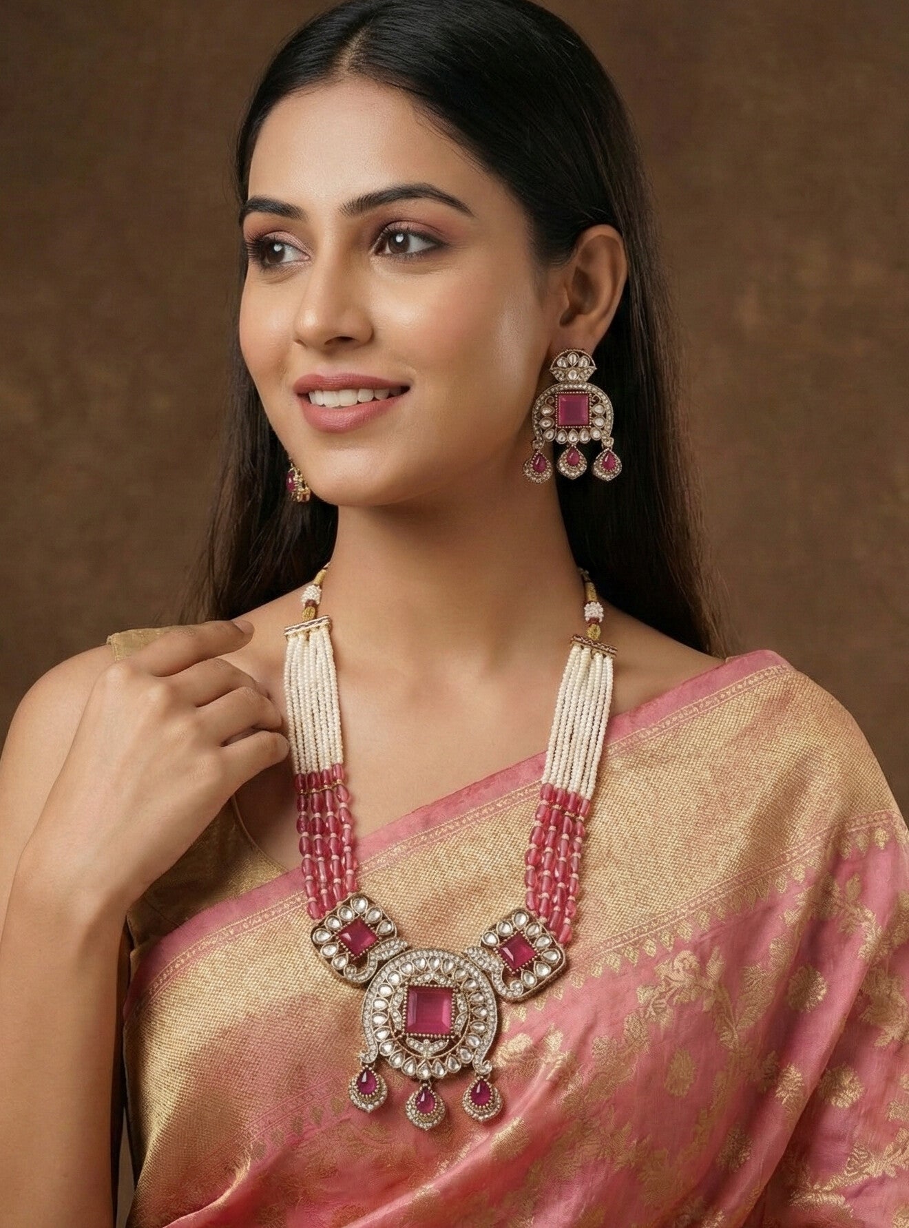 Traditional Kundan Necklace Set with Pearl & Bead Detailing