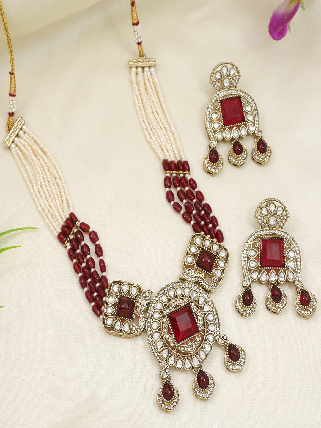 Traditional Kundan Necklace Set with Pearl & Bead Detailing