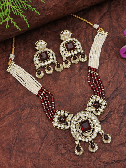 Traditional Kundan Necklace Set with Pearl & Bead Detailing