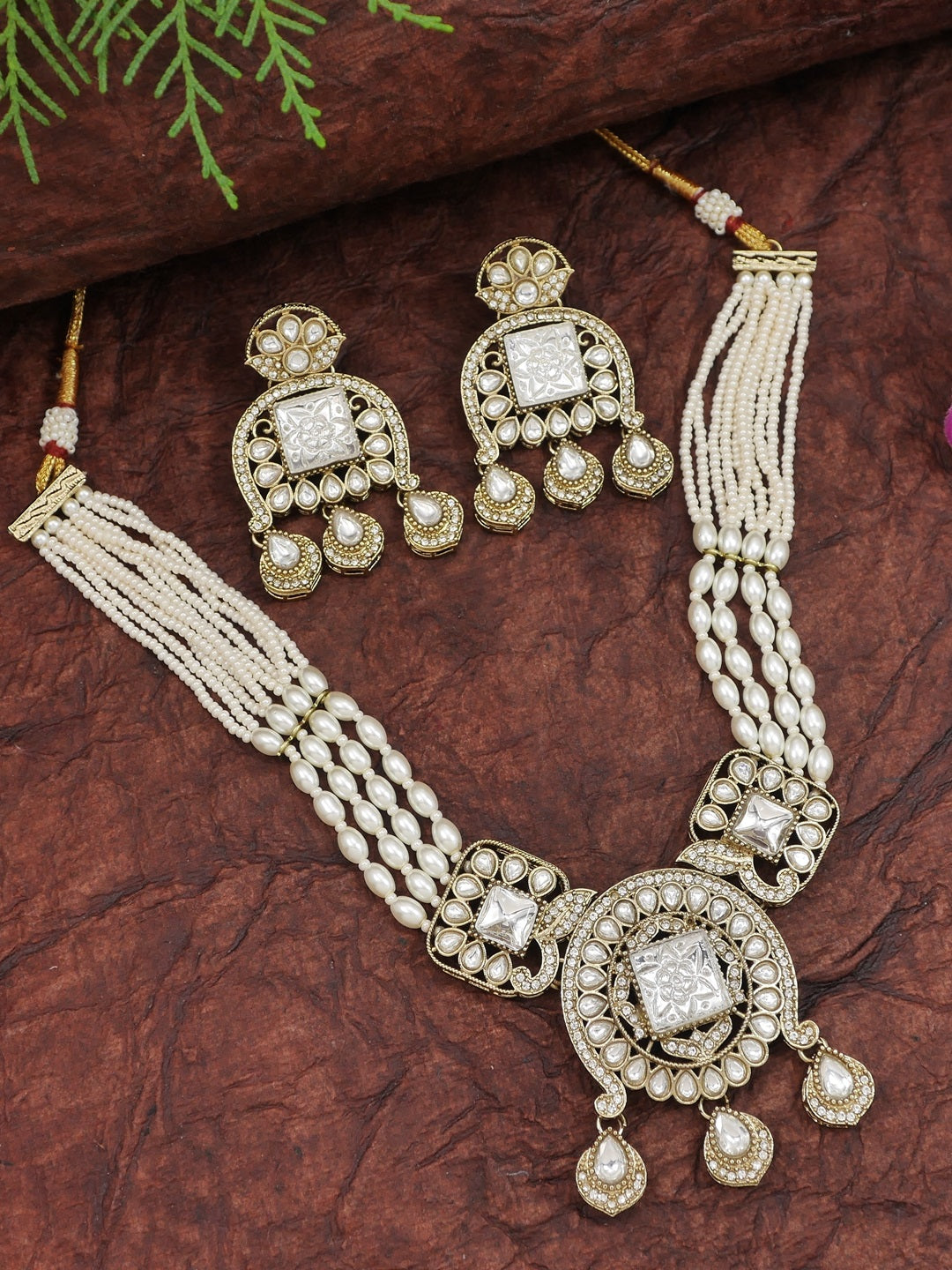 Traditional Kundan Necklace Set with Pearl & Bead Detailing