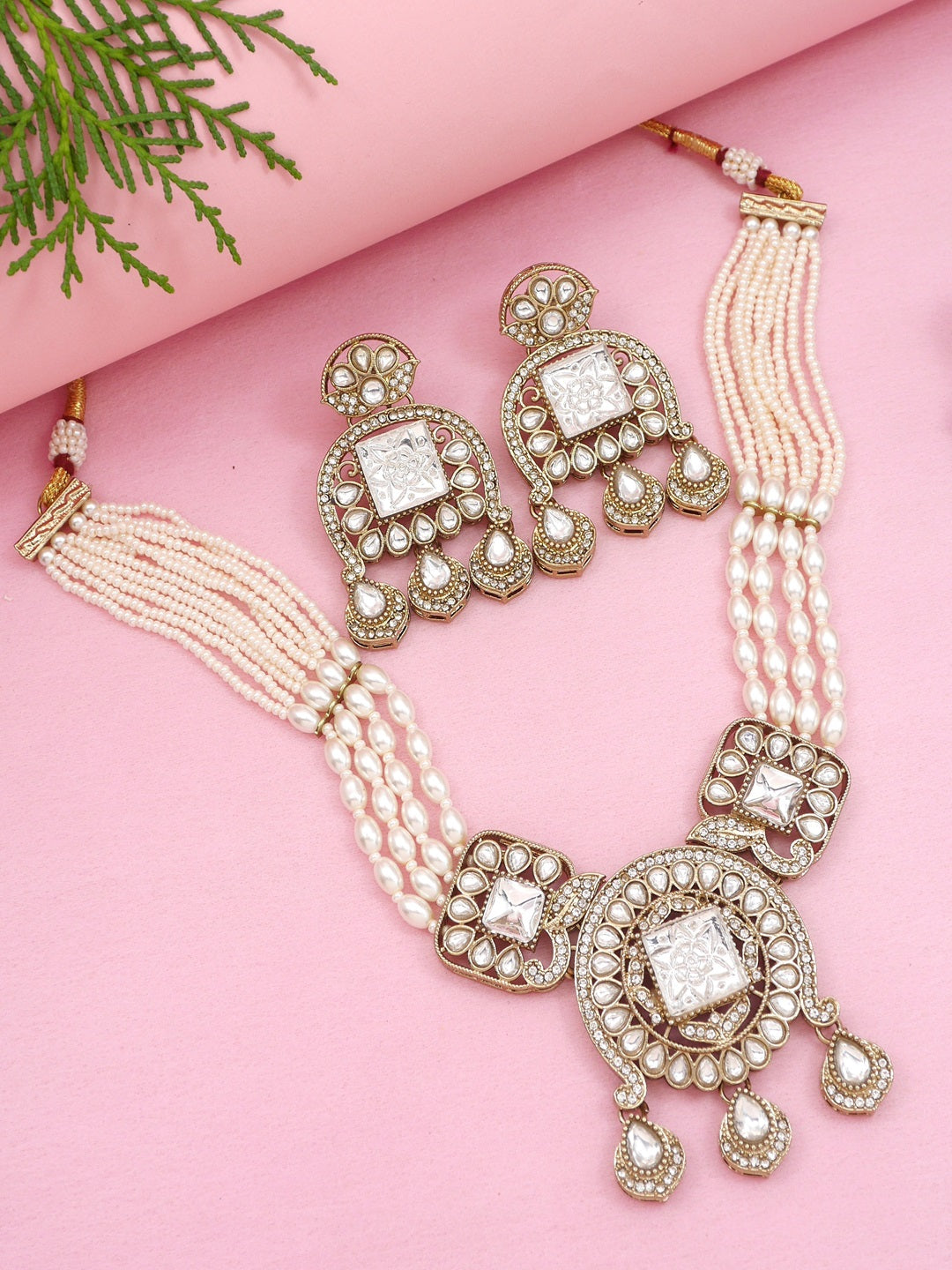 Traditional Kundan Necklace Set with Pearl & Bead Detailing
