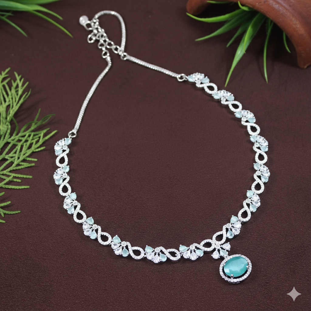 Zircon Silver Chokar Necklace Set