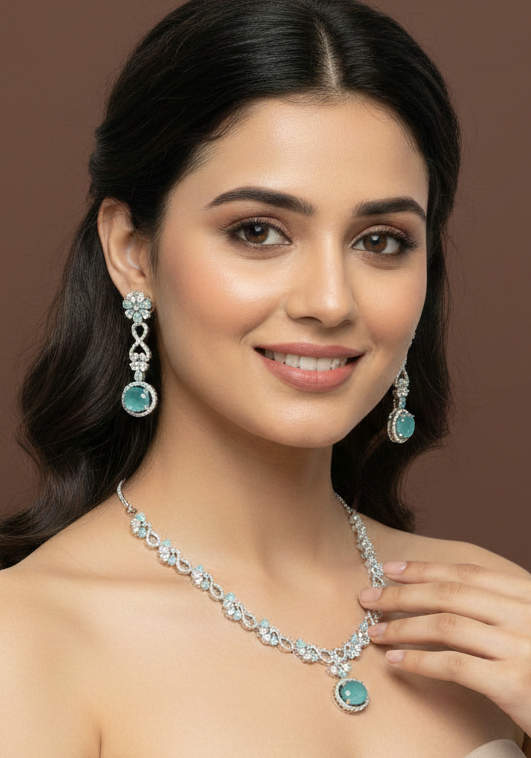 Zircon Silver Chokar Necklace Set