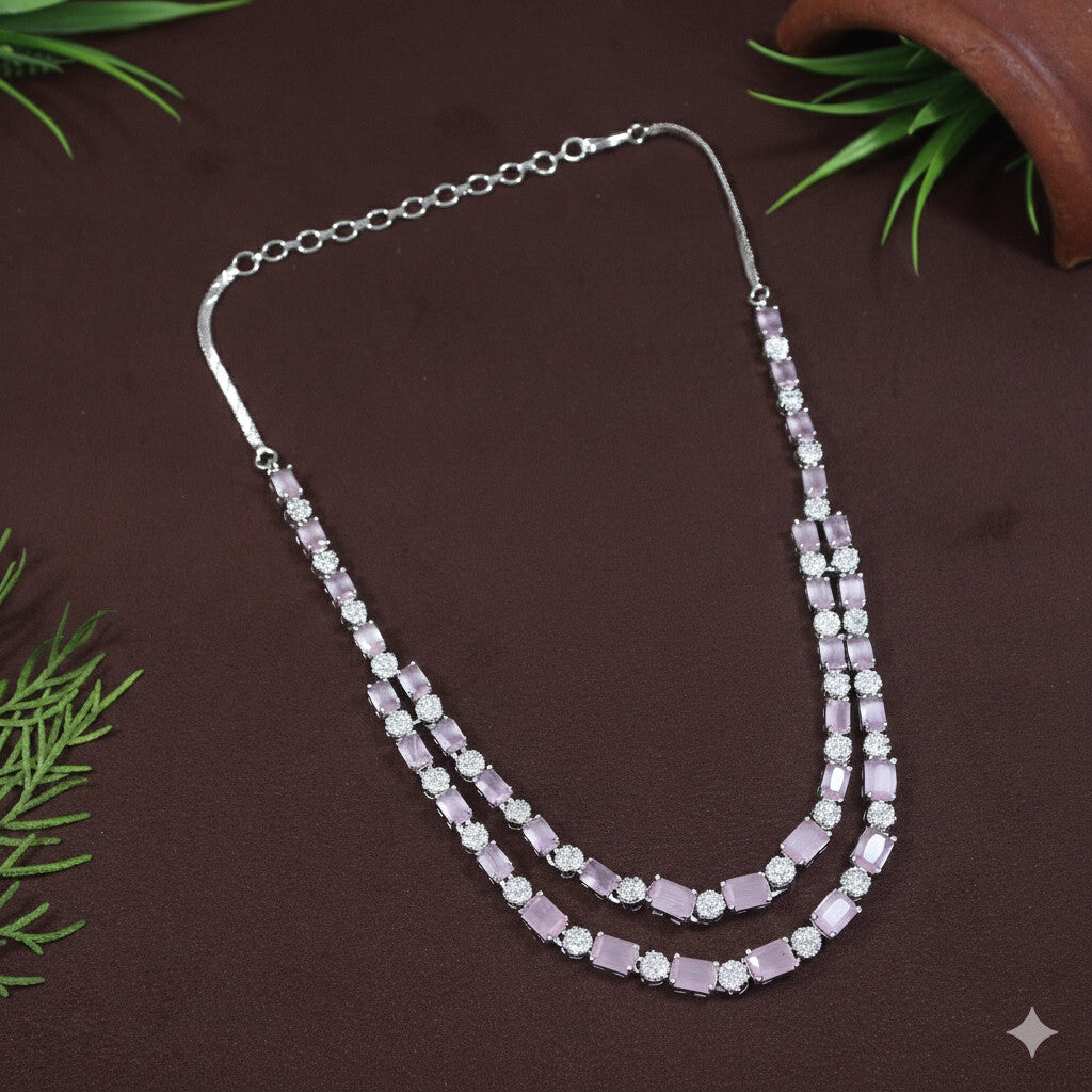 Two Layer Zircon Silver Necklace Set
