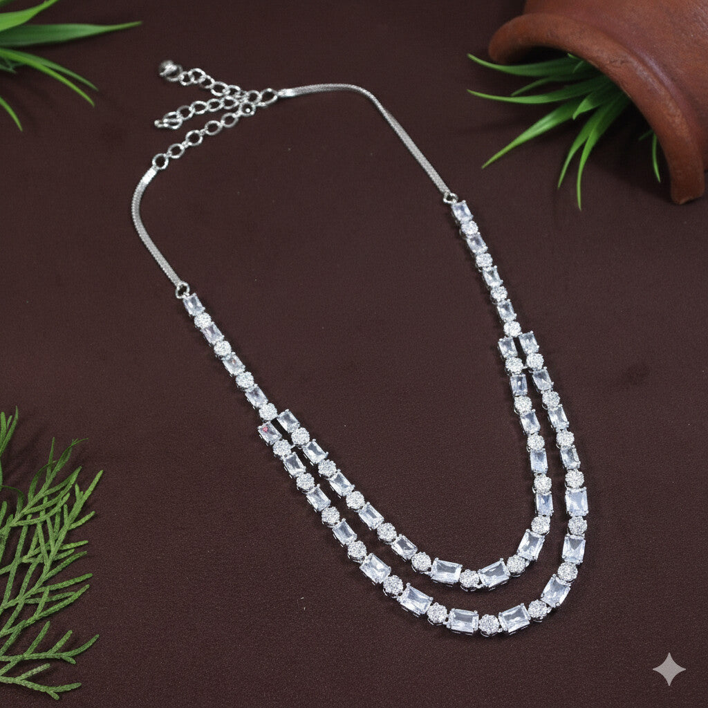 Two Layer Zircon Silver Necklace Set