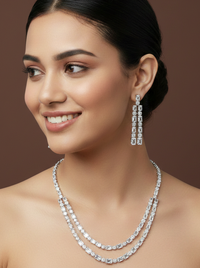Two Layer Zircon Silver Necklace Set