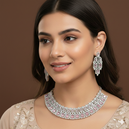 Zircon Mint/Pink Silver Necklace Set