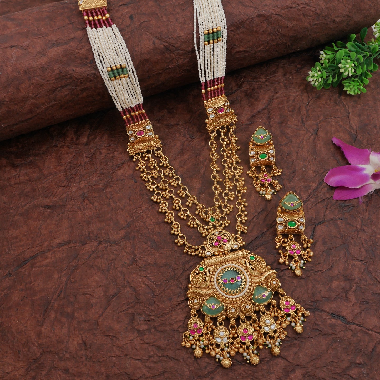 Ethnic Royal Heritage Antique Gold-Toned Brass Rani Haar Necklace Set with Earrings