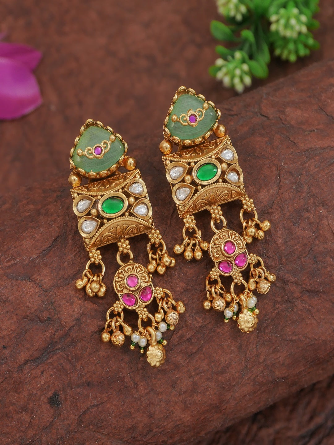 Ethnic Royal Heritage Antique Gold-Toned Brass Rani Haar Necklace Set with Earrings