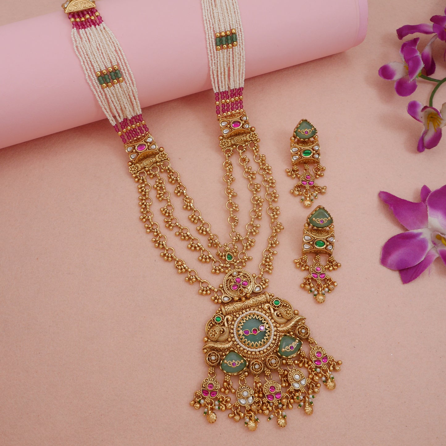 Ethnic Royal Heritage Antique Gold-Toned Brass Rani Haar Necklace Set with Earrings