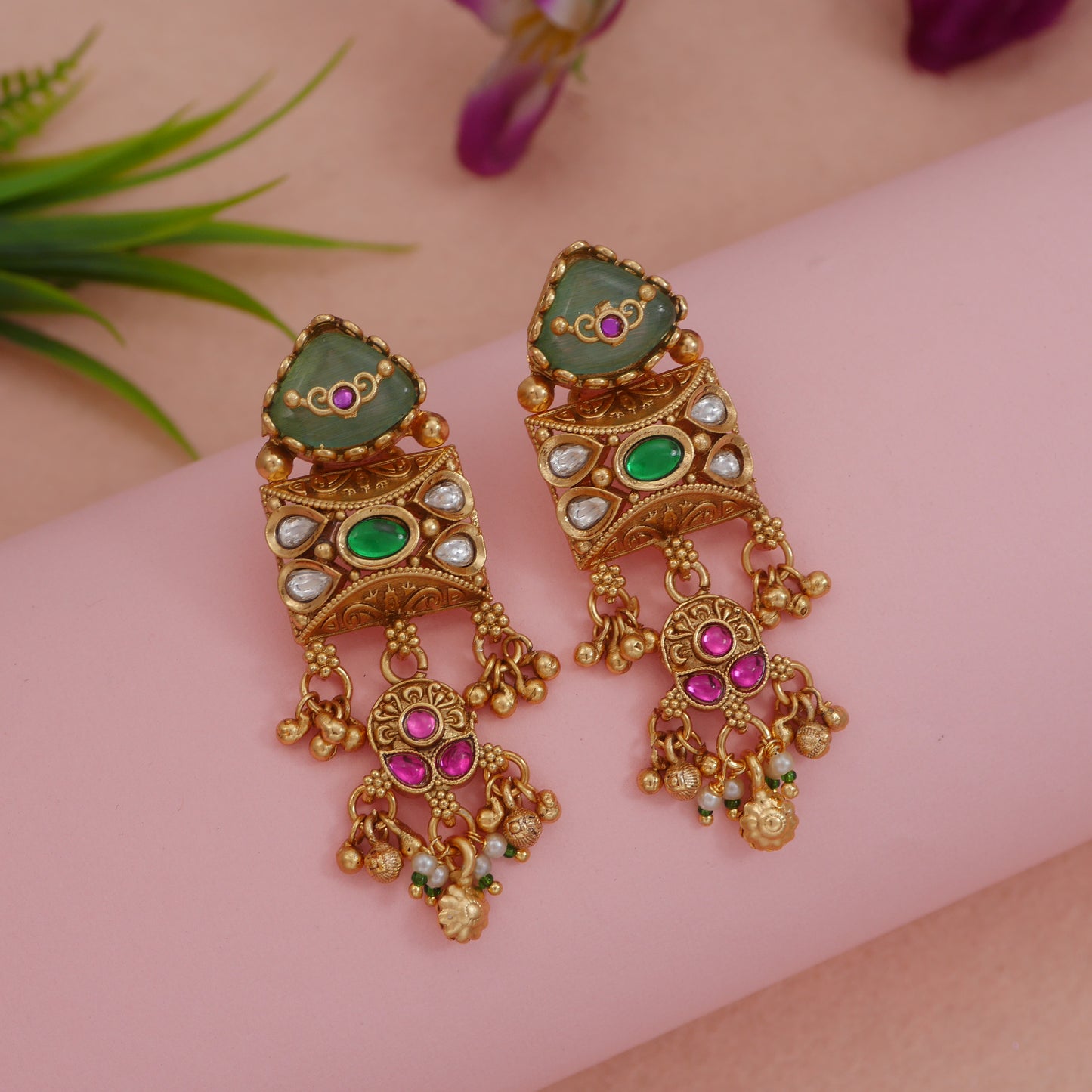 Ethnic Royal Heritage Antique Gold-Toned Brass Rani Haar Necklace Set with Earrings