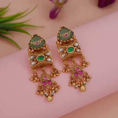 Ethnic Royal Heritage Antique Gold-Toned Brass Rani Haar Necklace Set with Earrings