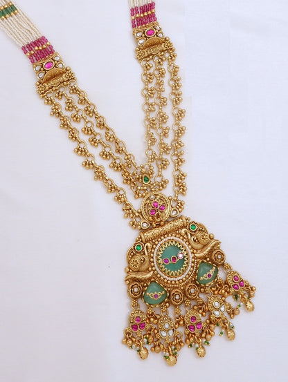 Ethnic Royal Heritage Antique Gold-Toned Brass Rani Haar Necklace Set with Earrings