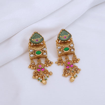 Ethnic Royal Heritage Antique Gold-Toned Brass Rani Haar Necklace Set with Earrings