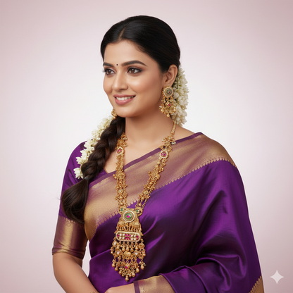 Traditional Heritage-Inspired Antique Gold-Toned Brass Long Necklace Set