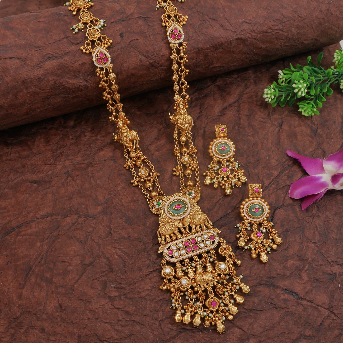 Traditional Heritage-Inspired Antique Gold-Toned Brass Long Necklace Set