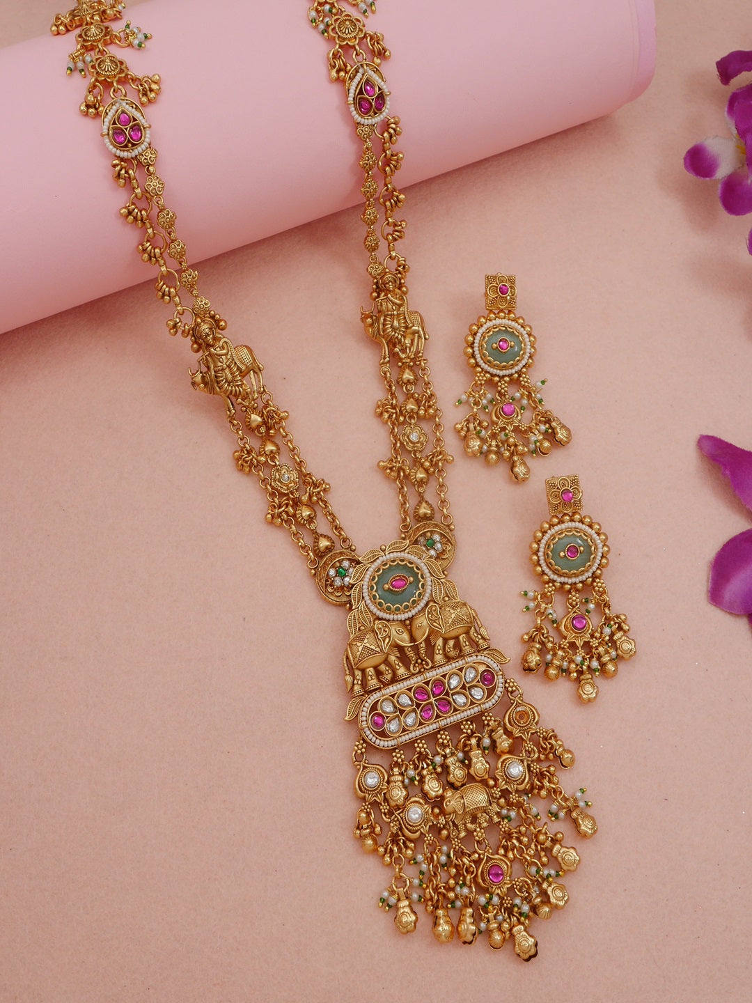 Traditional Heritage-Inspired Antique Gold-Toned Brass Long Necklace Set