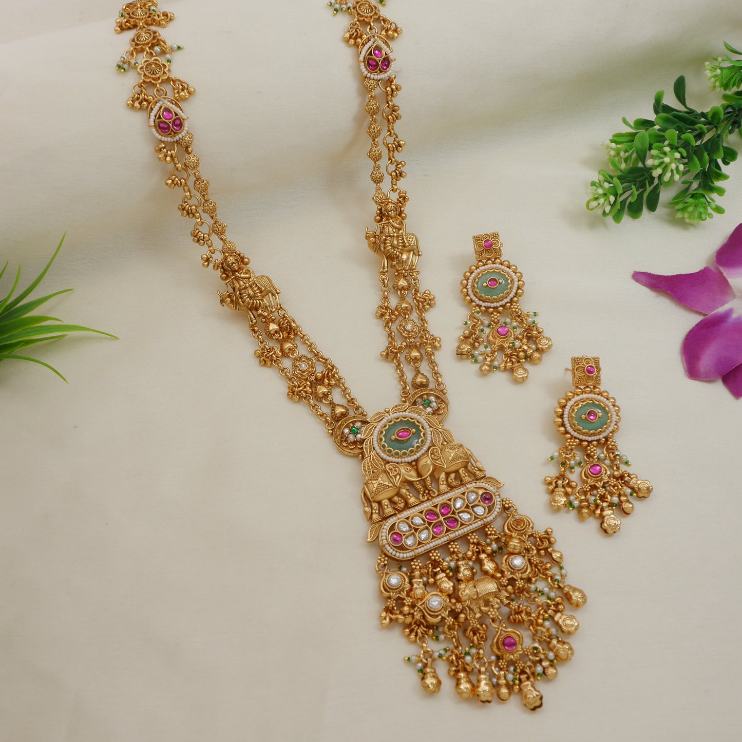 Traditional Heritage-Inspired Antique Gold-Toned Brass Long Necklace Set